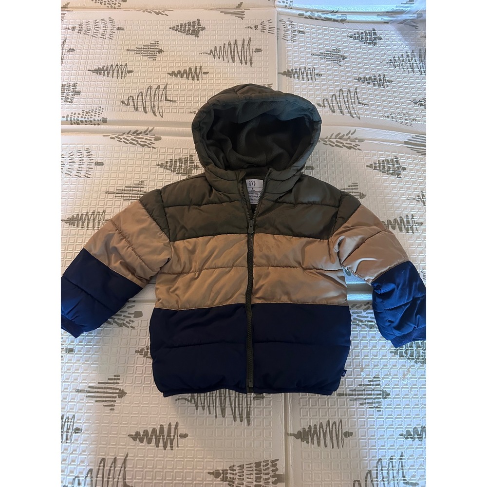 Baby Gap Kids ColdControl Puffer Jacket Hooded Colorblock Green Tan Blue Size 5